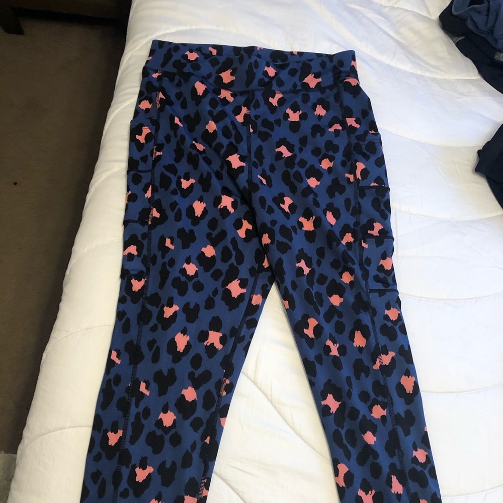 Full-length, blue and pink leopard print leggings